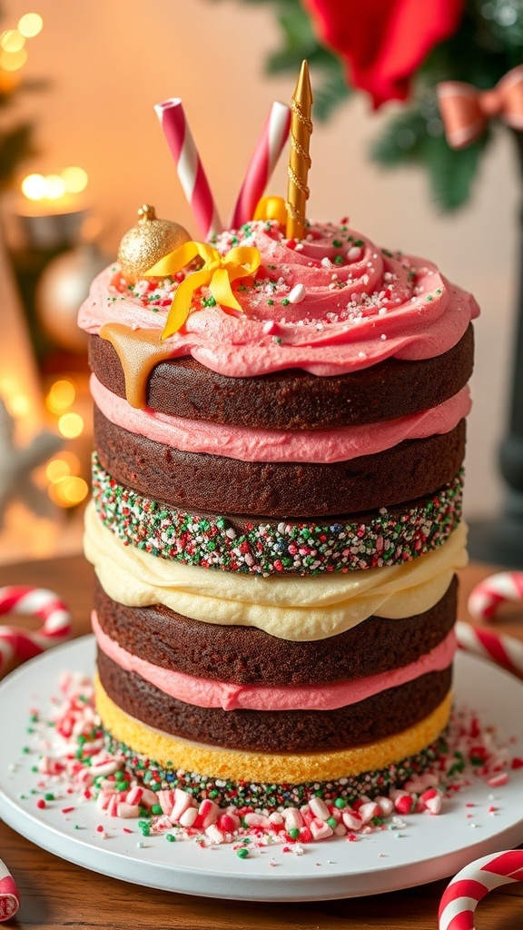 XXXTentacion-Inspired Christmas Dessert Recipe A layered chocolate and vanilla cake decorated for Christmas with colorful frosting and festive toppings.